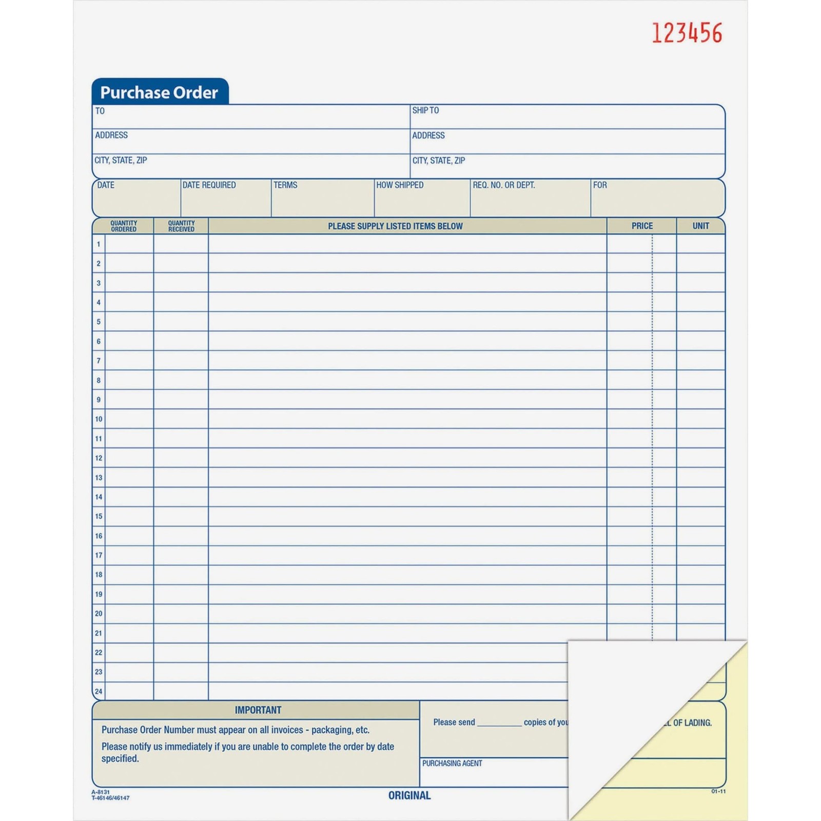 Purchase Order Book 2-Part Carbonless 50 Sets 8-3/8×10-11/16 DC8131