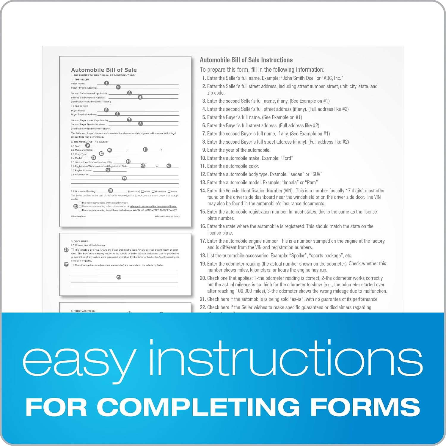 Bill of Sale Forms Pack, Includes 2 Motor Vehicle and 2 General Bills of Sale, 8