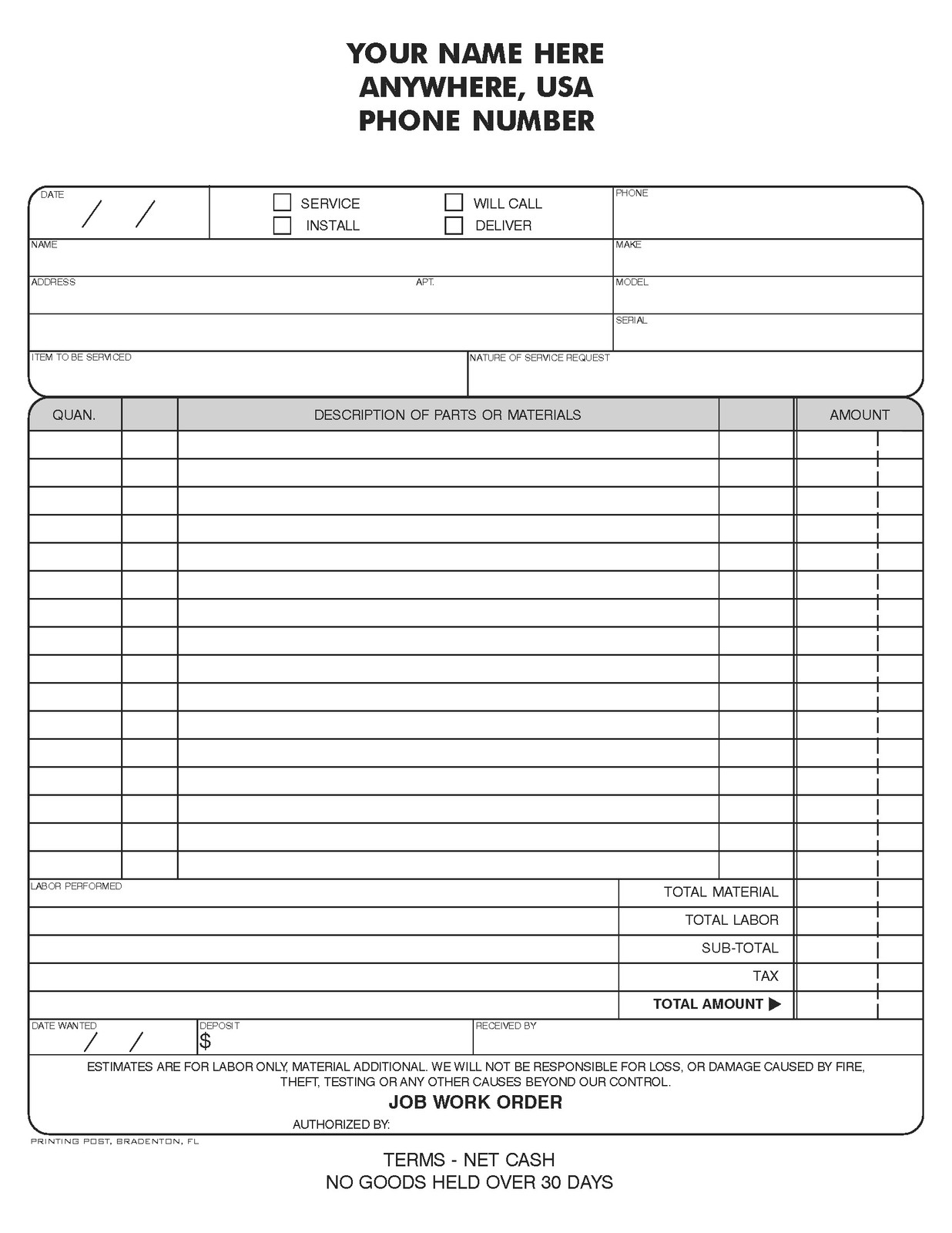 100 2 part NCR Carbonless Forms – LARGE SERVICE ORDER