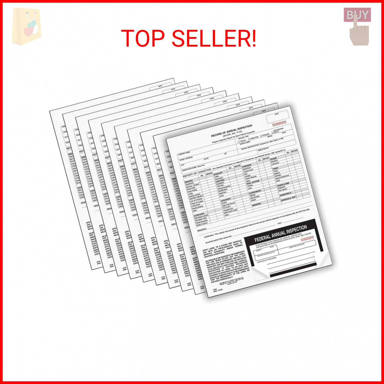 J. J. Keller 10-Pack, Record of Annual Inspection Form with Inspection Label, 2-