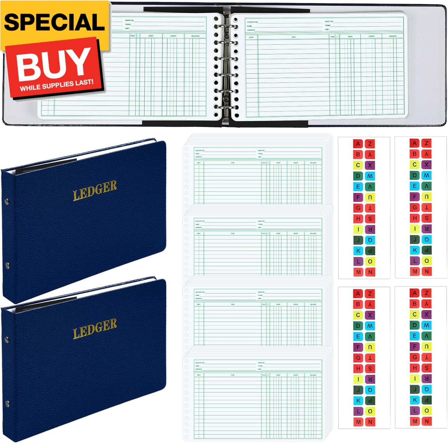 2 Pcs Ring Ledger Binder with 400 Pcs 5″ x 8.5″ Ledger Sheets Small Index Tabs L