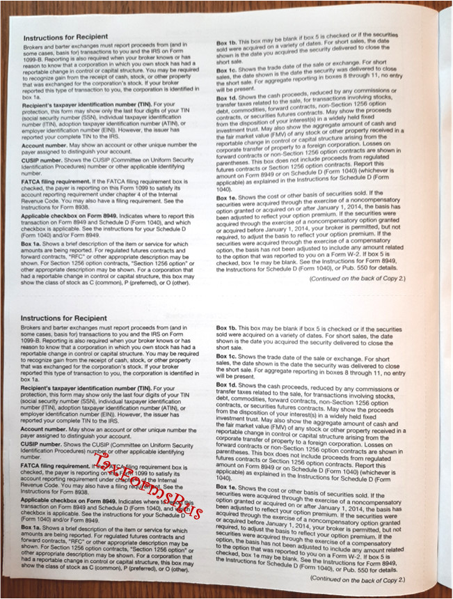 2024 IRS Tax Form 1099-B single sheet set for 2 recipients NONcarbonless 4pt 2up