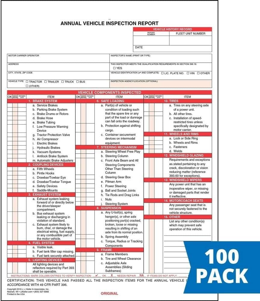 3-Ply Carbonless Vehicle Inspection Forms – 100-Pack, Compliant & Durable Design