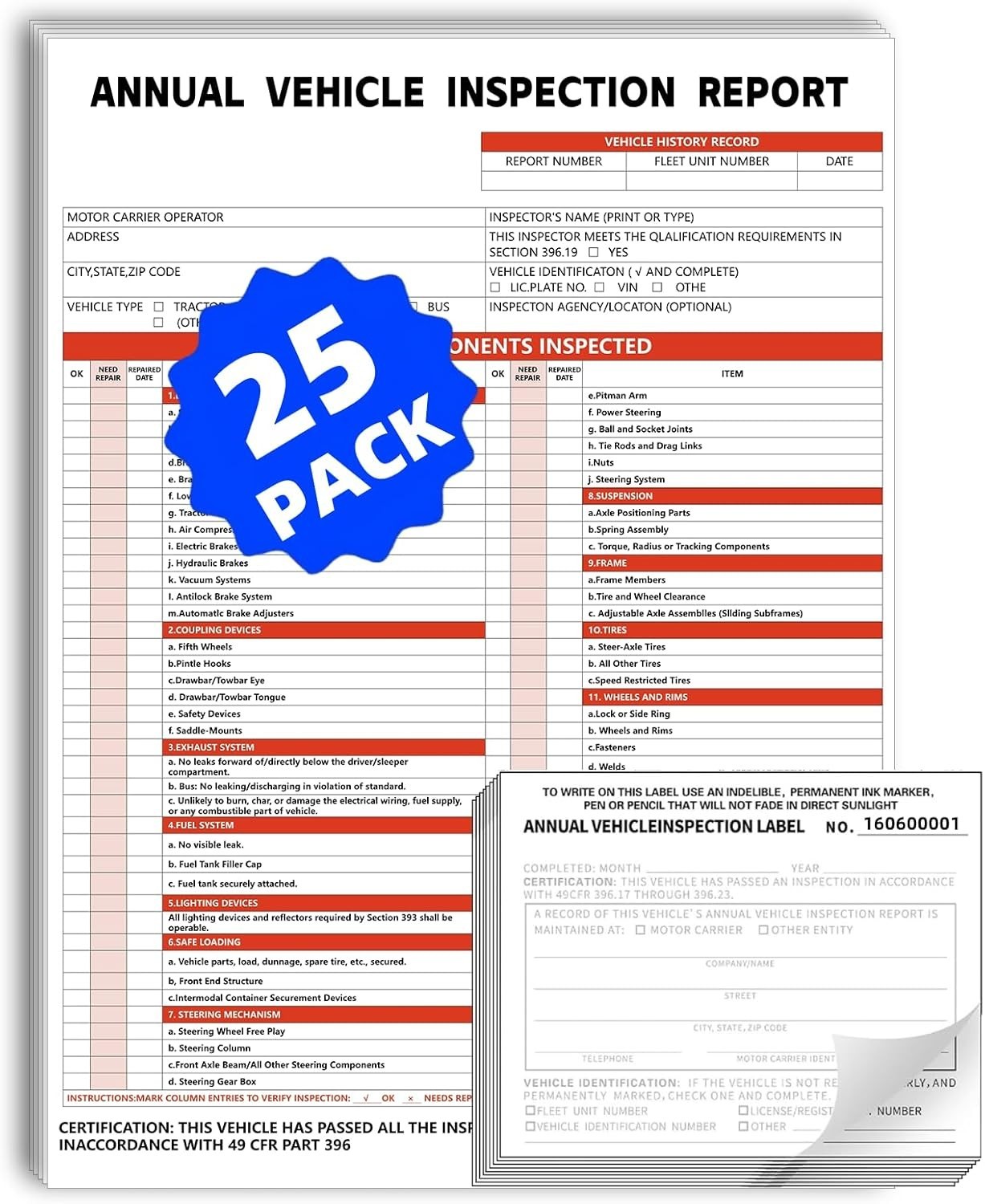 Annual Vehicle Inspection Report Form and Label, 25-Pack 3-Layer Vehicle Insp
