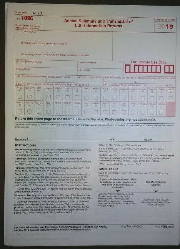 2019: 5 SHEETS 1099-MISC IRS Miscellaneous Income Tax & 3=1096 Transmittal Forms