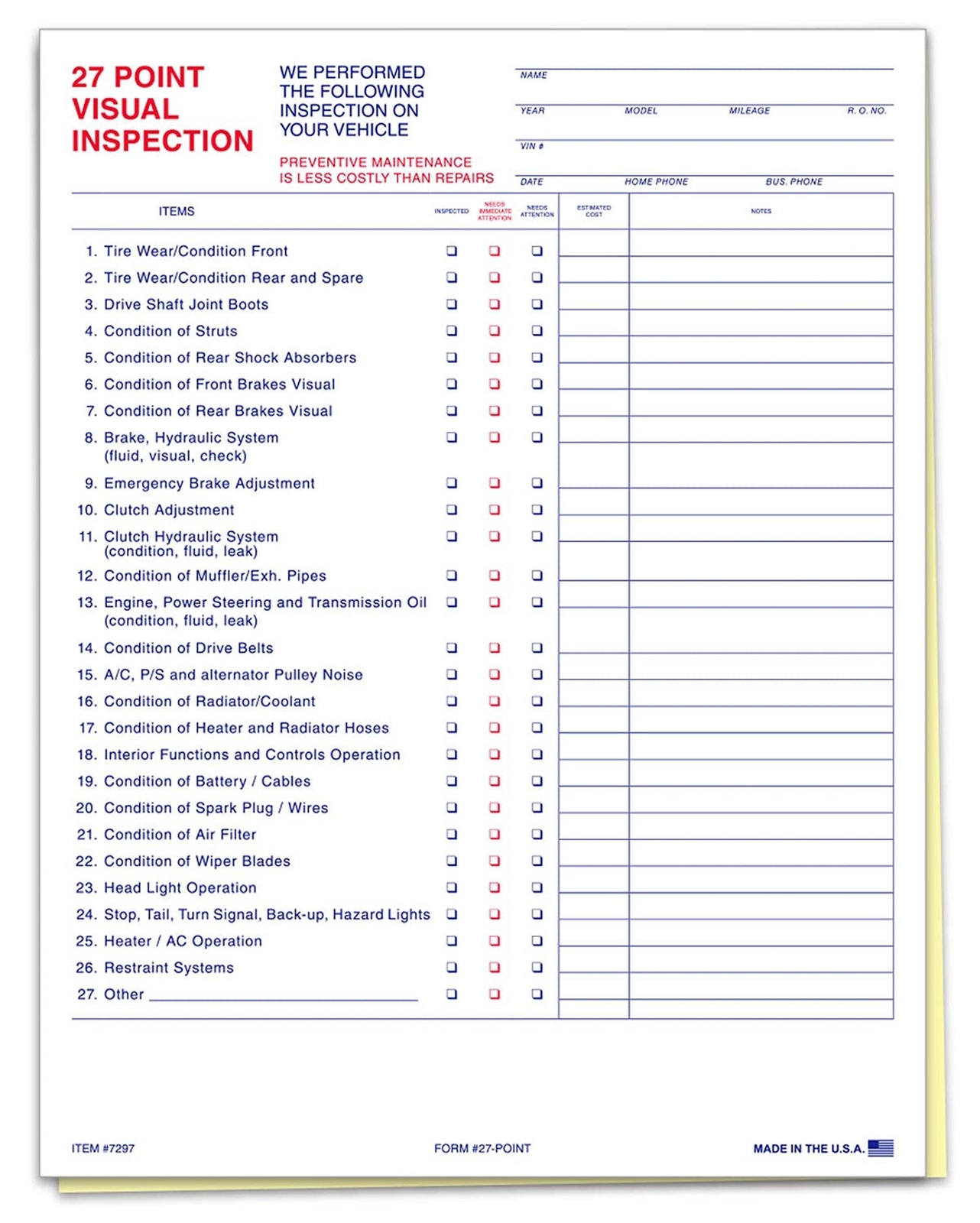 27 Point Inspection Sheet – Vehicle Inspection Form – 100 Pack