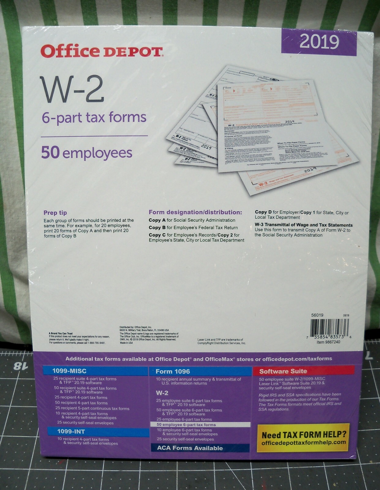 Office Depot W-2 Inkjet/Laser Tax Forms 2019 Taxes 2-Up 6-Part 50-PK Staples W2
