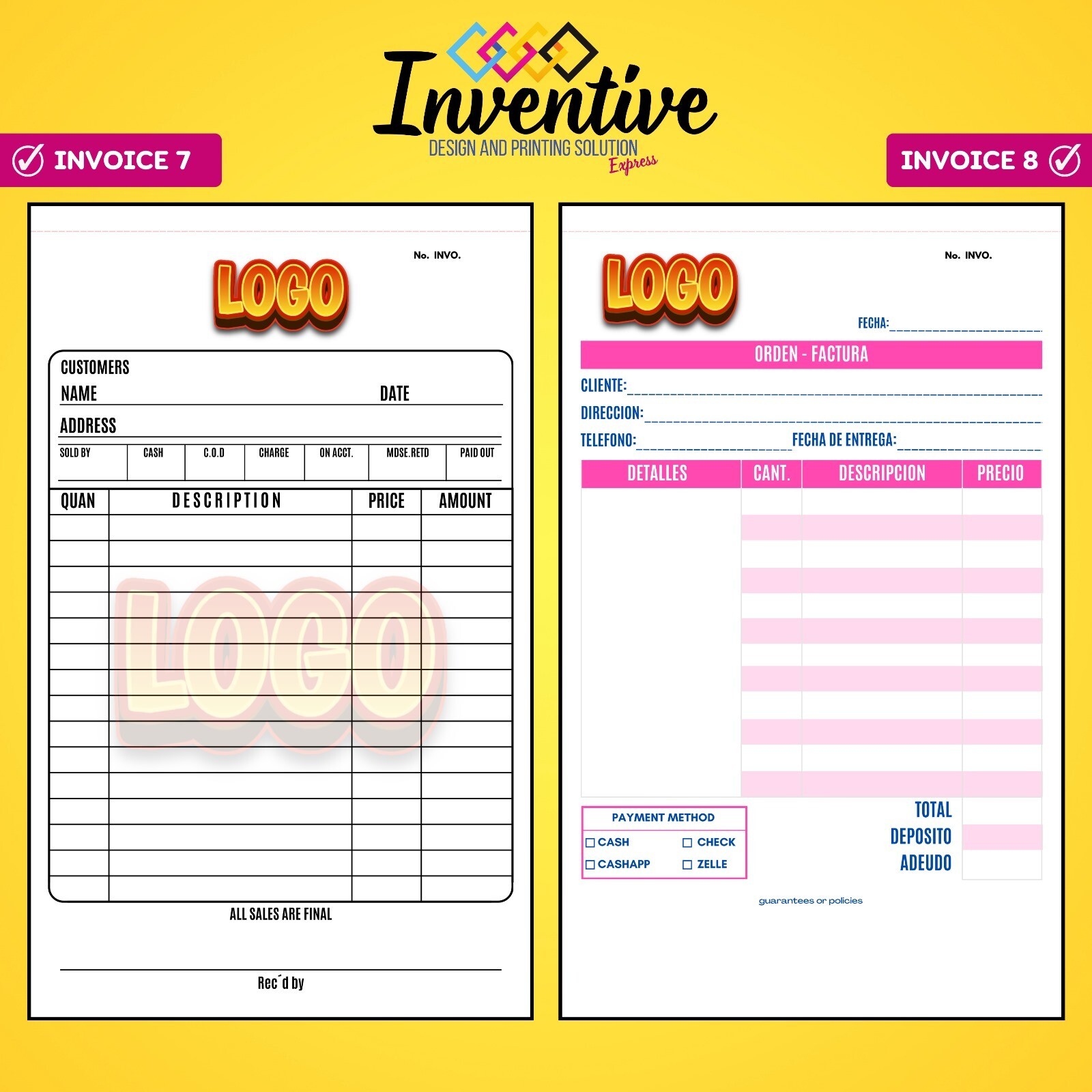 Custom sales notes/invoices for your business free design8.5×5.5″ passing paper.
