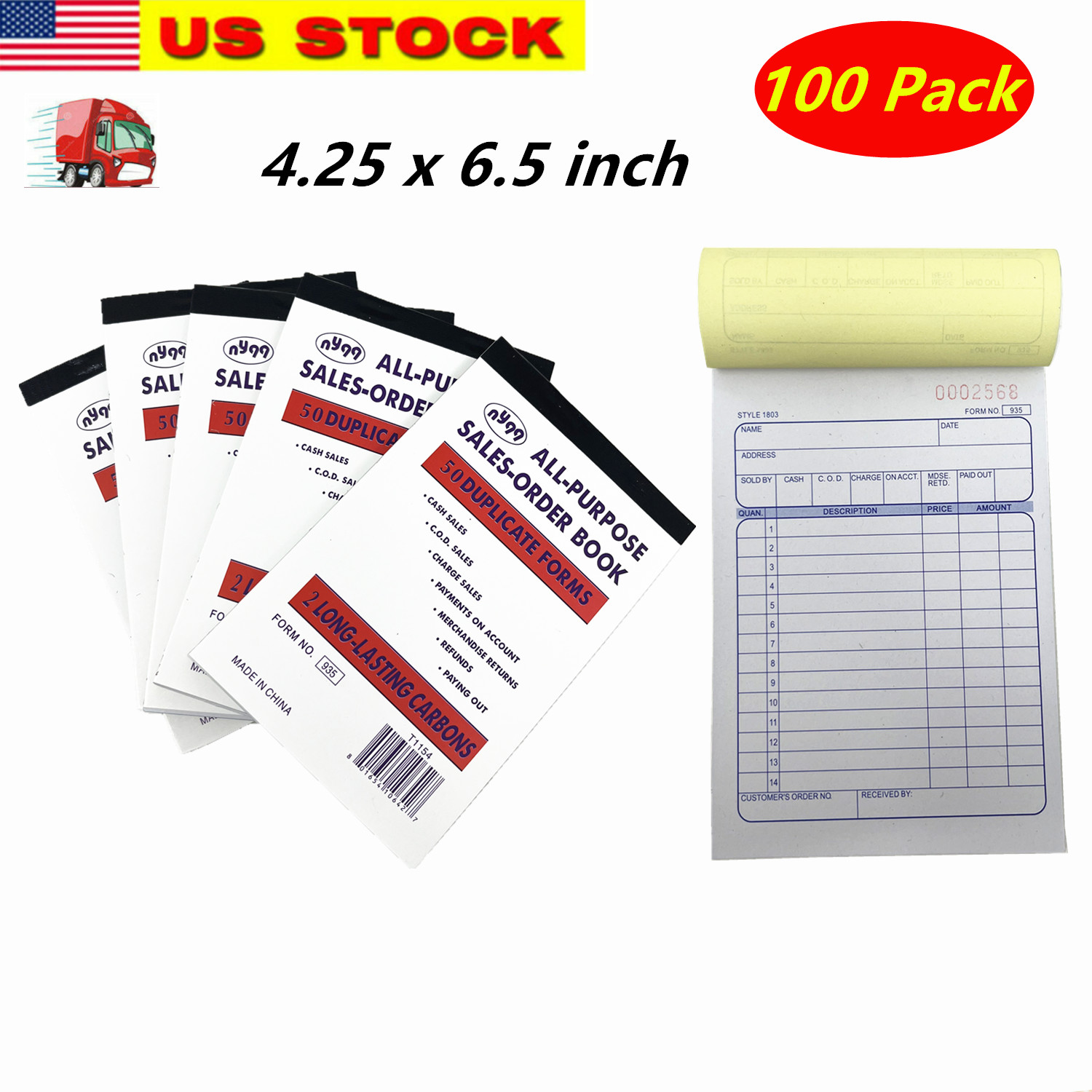 100 Pack Sales Book Order Receipt Invoice Carbonless Copy 50 Sets 4.25″ X 6.5″
