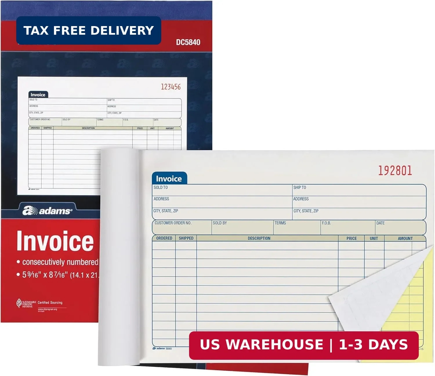 Invoice Book 3 Pack, 2 Part Carbonless Invoices, Horizontal Sales Slip, 5-9/1…