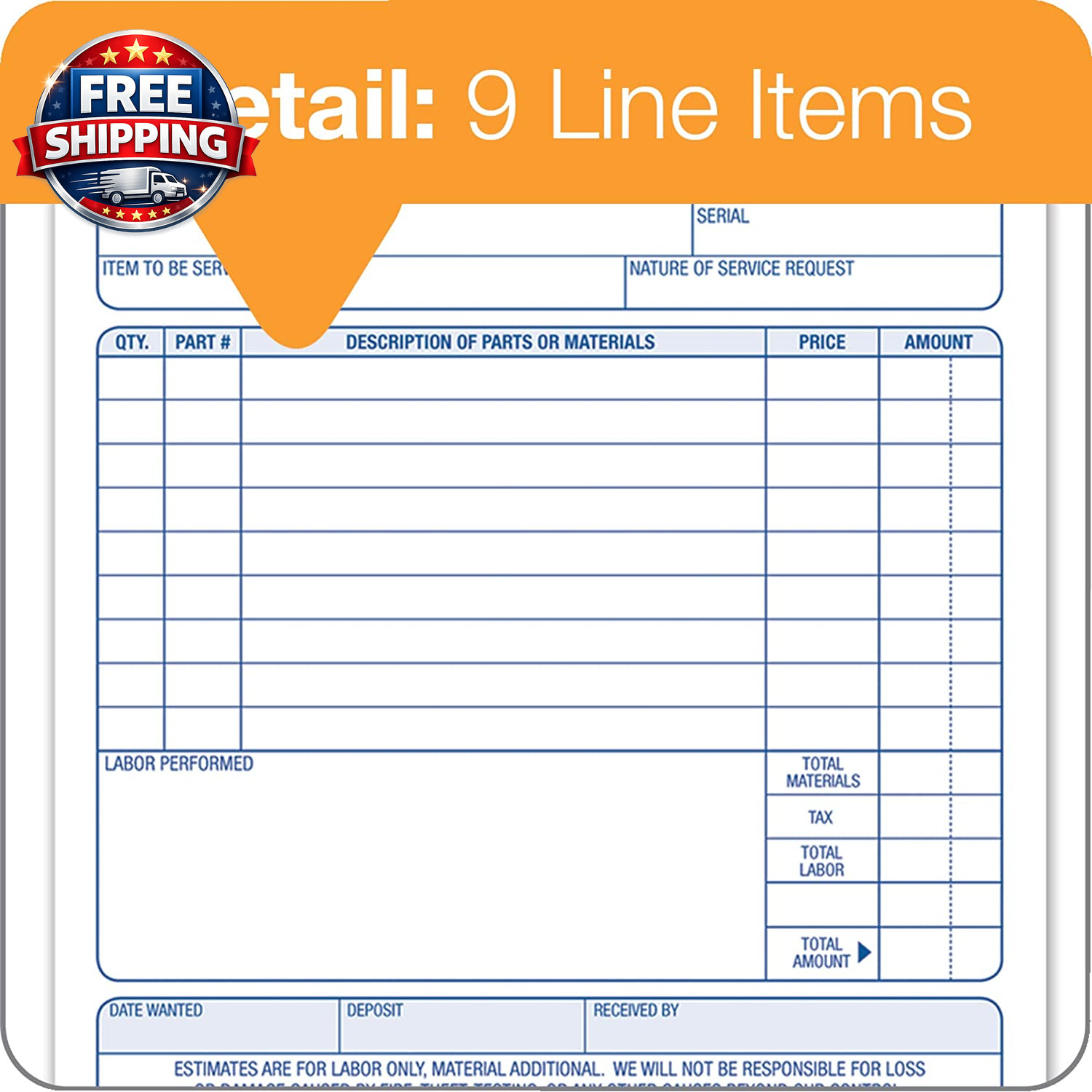 Job Work Order Book, 3-Part Carbonless, White/Canary/White, 5-9/16 X 8-7/16 Inc