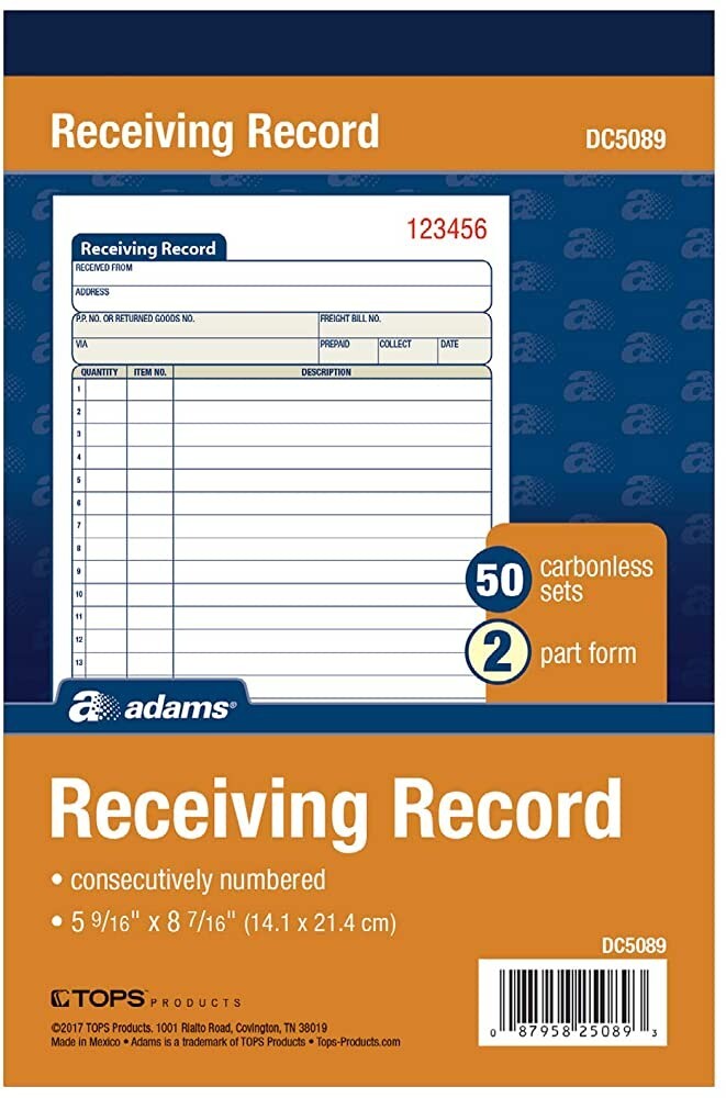 Adam DC5089 Receiving Record, 50 Carbonless Sets, 2 Part Form, 5 9/16″ x 8 7/16″