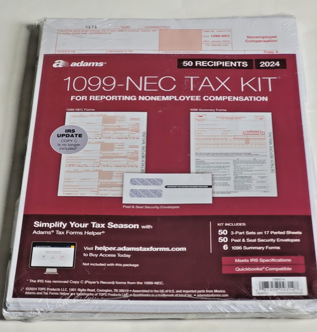 Adams 2024 1099 NEC Tax Forms Kit for 50 Recipients, 3-Part 1099 Forms, 6 1096