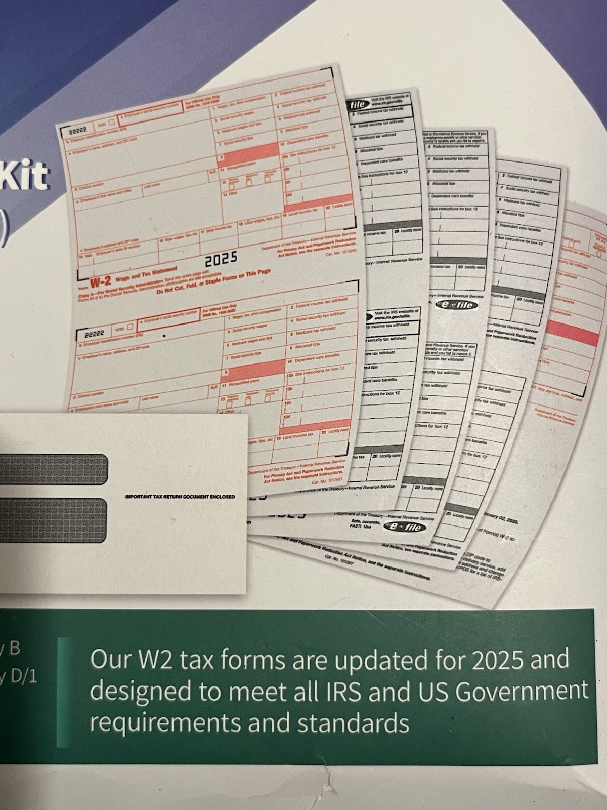 2025 W2 Tax Forms Kit with Envelopes – 25 Employee Set with W3 Forms