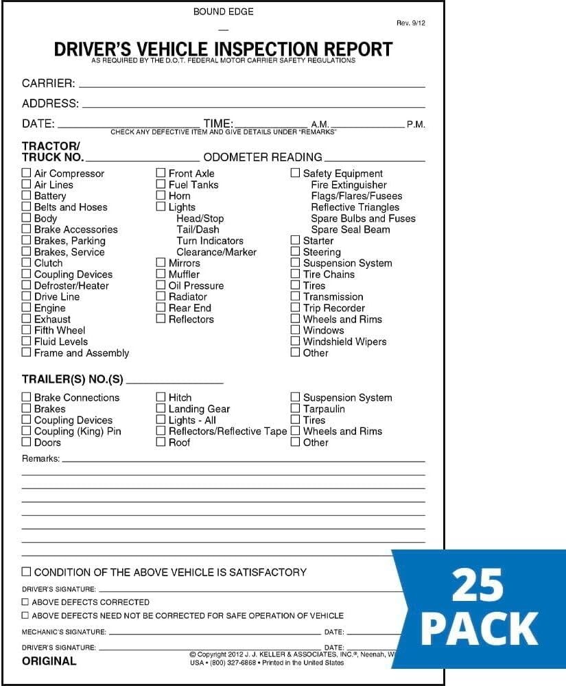 Vehicle Inspection Checklist Book, 25 Copies, 31 Sets of Forms, DOT Requirements