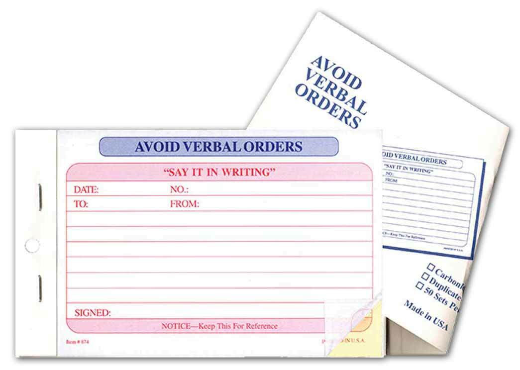 Avoid Verbal Orders Book (2-Part Form # AVO) (50 per book) – Say It In Writing