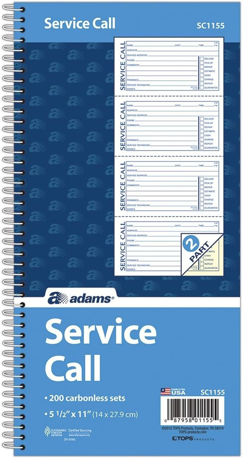 Service Call Book, 5.25 X 11 Inch, Spiral Binding, 2-Part, Carbonless, 4 Message