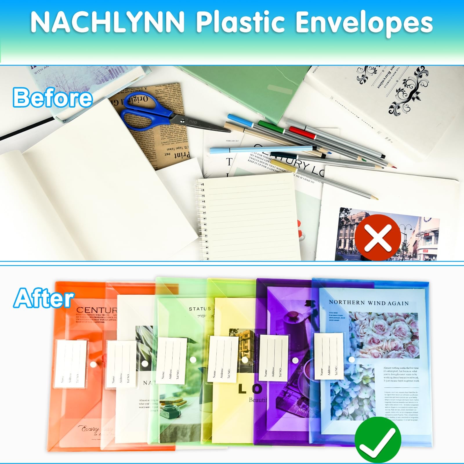 NACHLYNN 18 Pack Plastic Envelopes Folders with 18 pcs, Multicolor