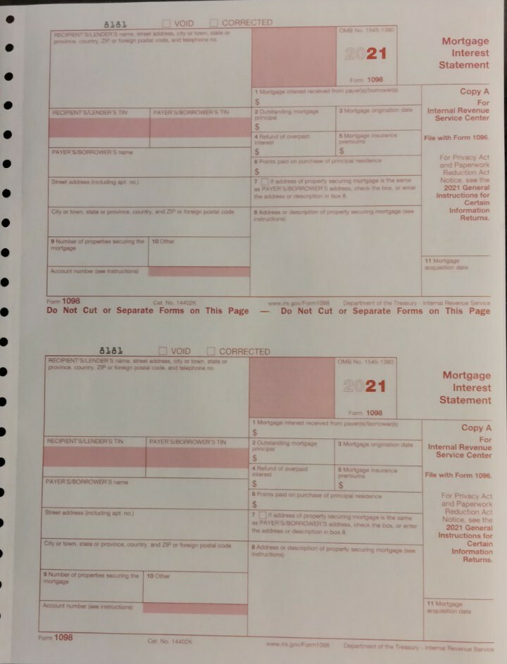2021: 5 SHEETS 1098 IRS Mortgage Interest Statement & 3=1096 Transmittal Forms