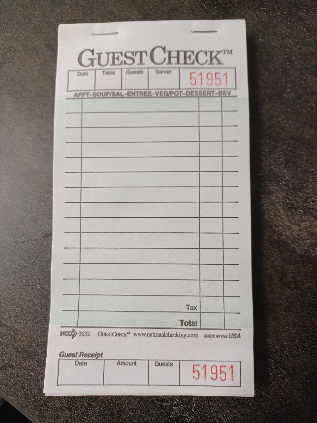 1-Part Guest Check Books w/stubs 3 3/8 x 7, 10 Pads, 500 total checks