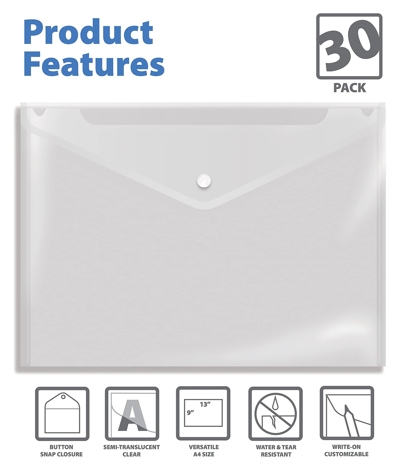 Better Office Products Clear Reusable Plastic Envelopes with Snap XL,