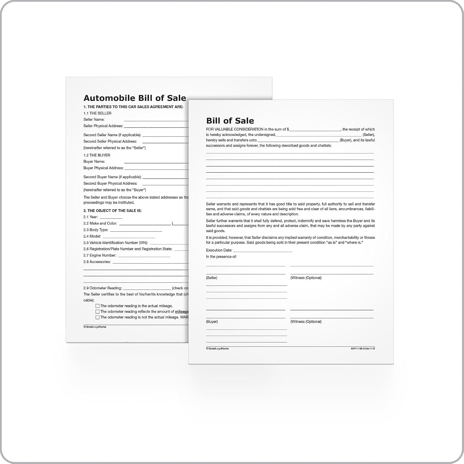 Bill of Sale Forms Pack, Includes 2 Motor Vehicle and 2 General Bills of Sale, 8