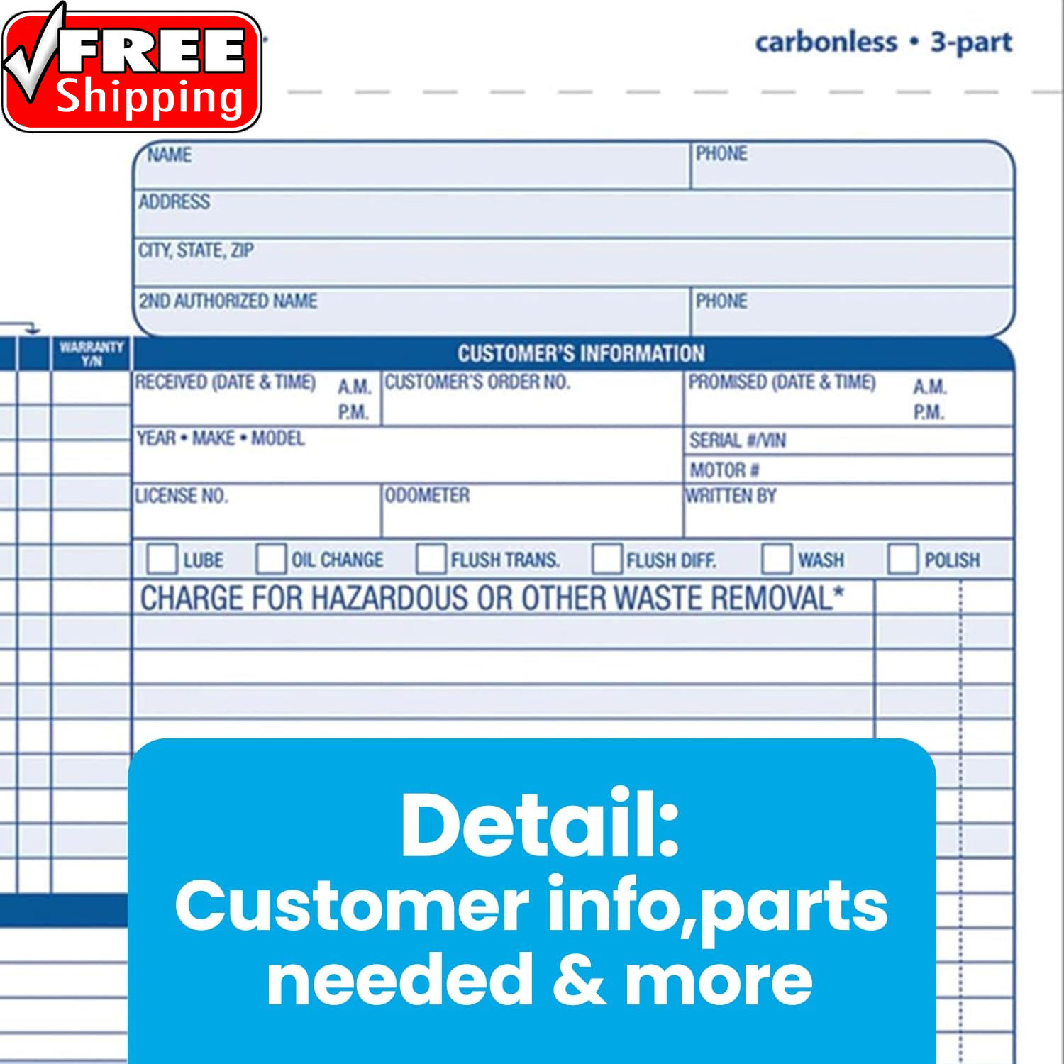 Auto Repair Order Forms, 8.5 X 7.44 Inch, 3-Part, Carbonless, 50-Pack, White and