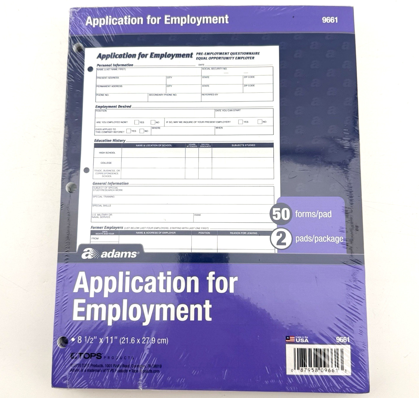Adams 9661 Application for Employment 8.5 x 11 3-Hole Punched Forms 2 Pads