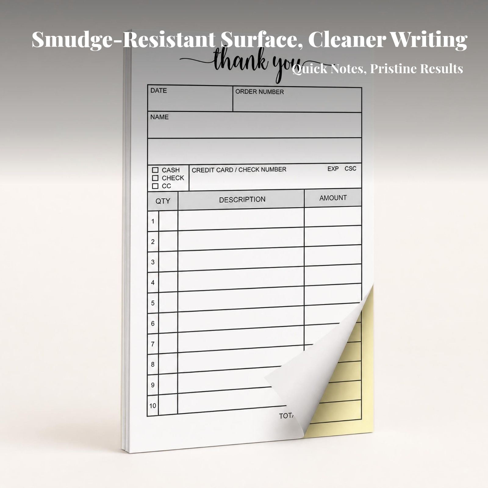 Non-Carbon Receipt Pad White and Yellow Order Form Pad Chipboard Backing