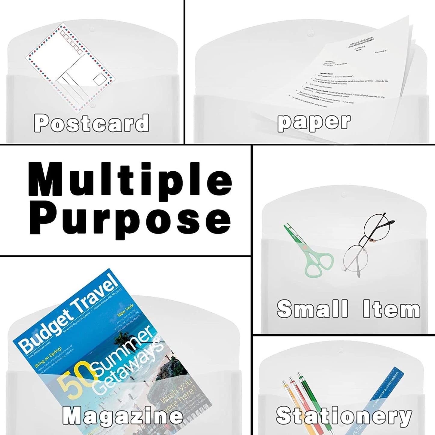 Plastic Legal Size Envelopes with Snap Closure,Clear Poly 6pcs-white