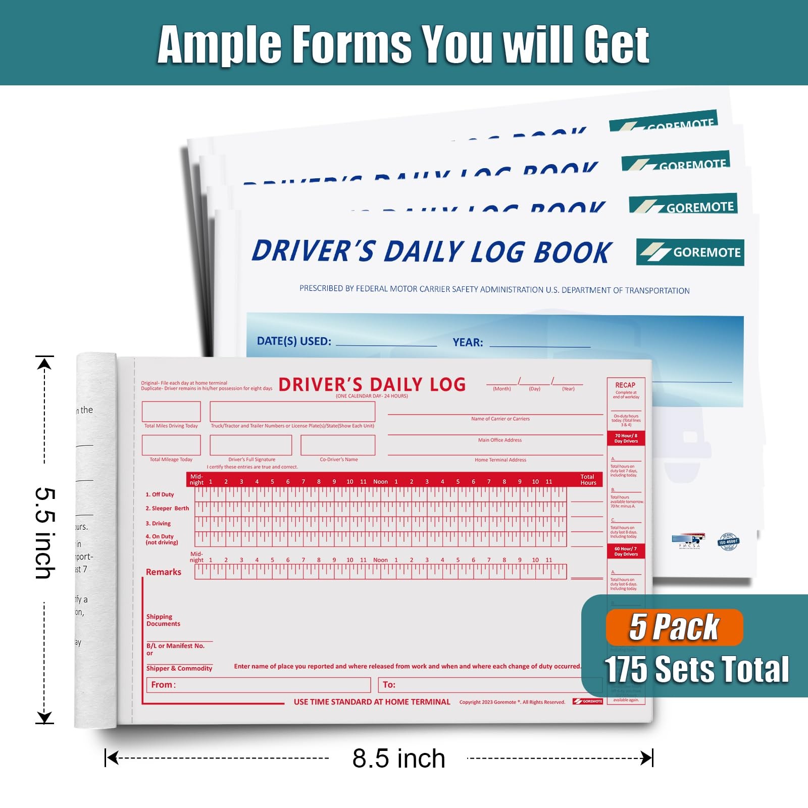 Daily Log Books for Truck Drivers with 7 & 8 Day Recap, 5 Pack, 2-Ply…