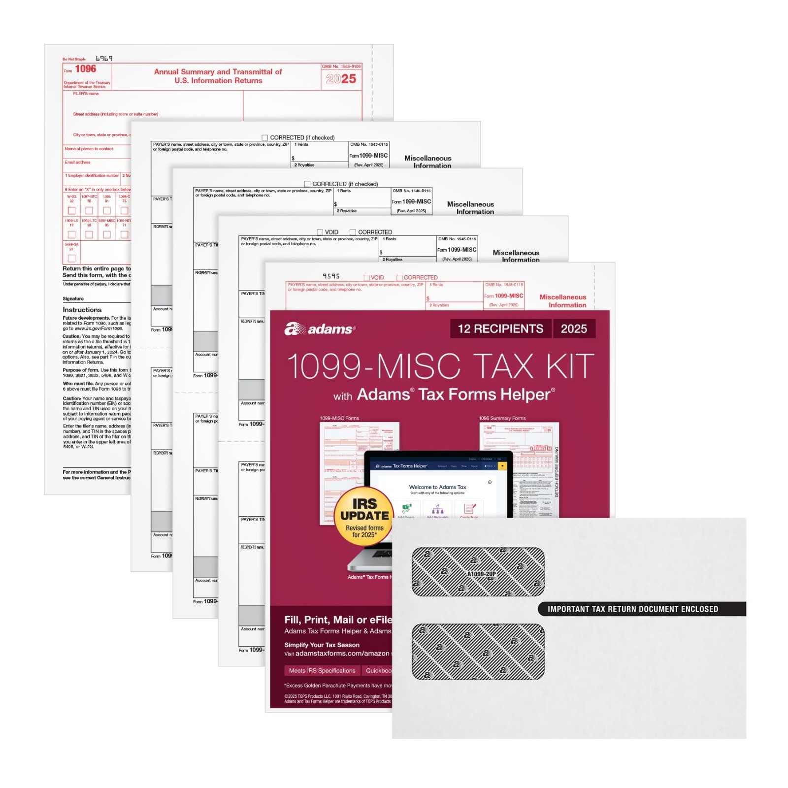 1099 MISC Tax Forms 2025, 4-Part Kit for 12 Recipients, Envelopes Included, eFil