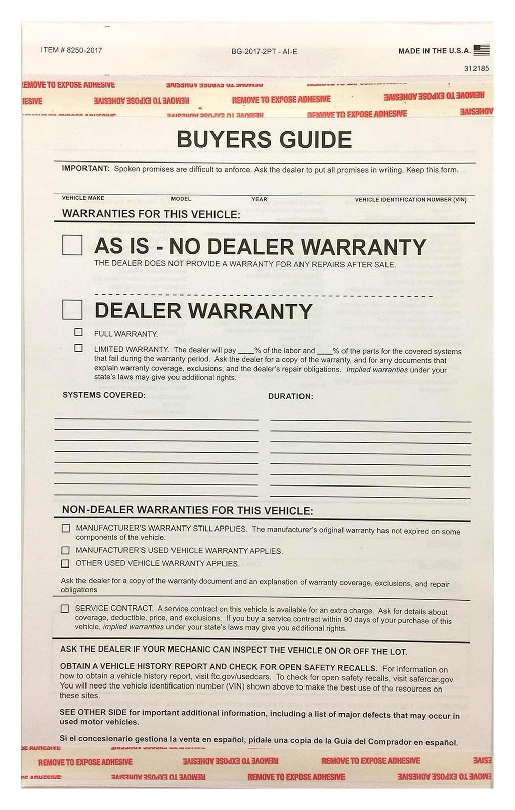 2-Part Buyers Guide Form – Adhesive Tape – English – As Is – Warranty (100 pe…