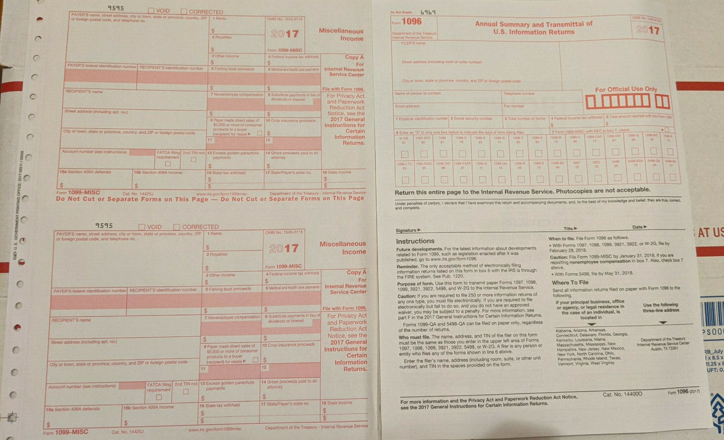 Year 2017 IRS Tax Form 32) 1099-MISC Miscellaneous Income & 8) 1096 Transmittal