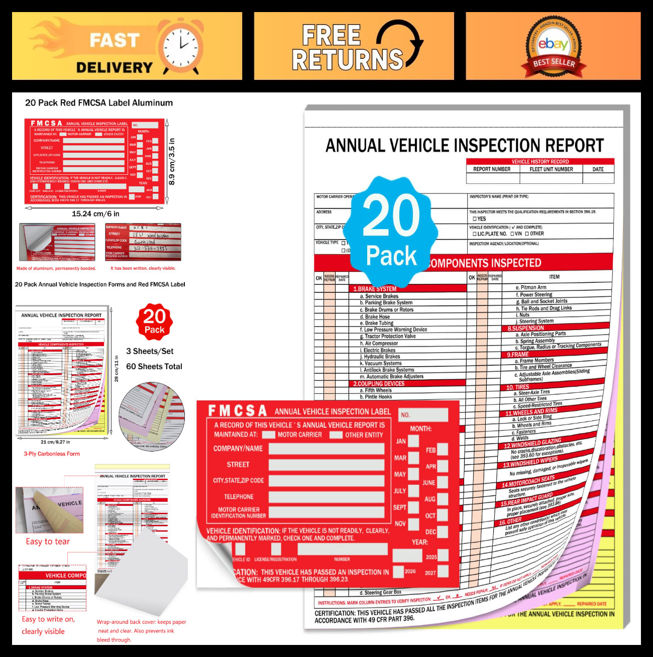 20-Pack Vehicle Inspection Report Forms, 3-Ply Carbonless, Durable, DOT Complian