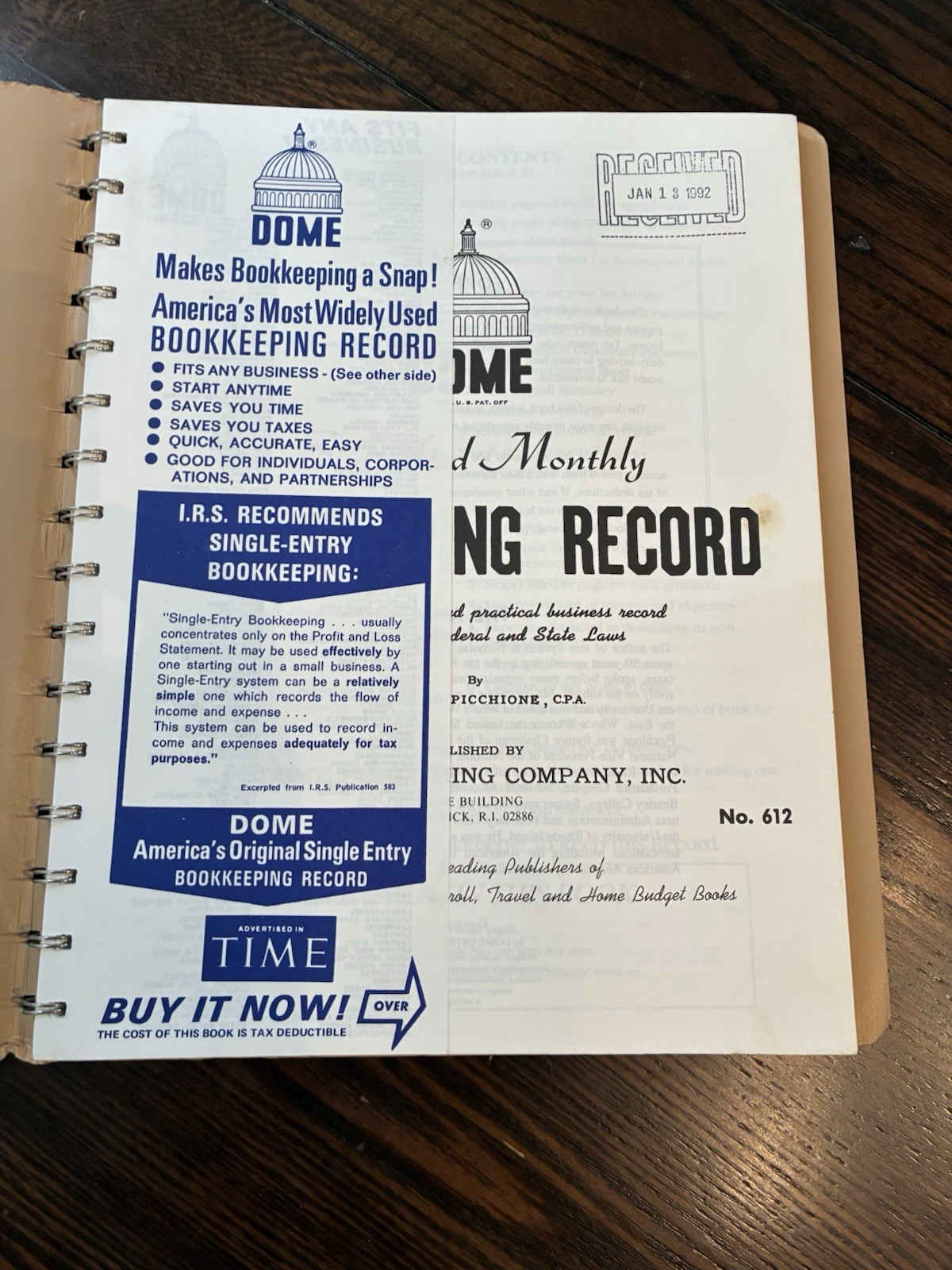 DOME Simplified Monthly Bookkeeping Record Spiral Bound #612 Nicholas Picchione