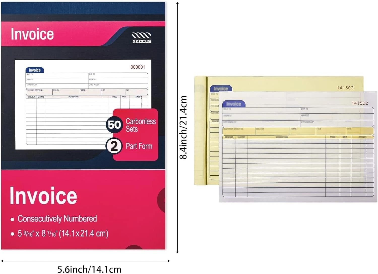 2 Pack Invoice Book, 2-part Carbonless, 5-9/16" X 8-7/16" Invoice Rece