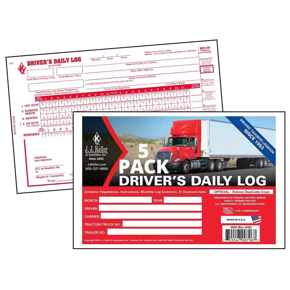 Driver Daily Log Book 5-pk. with 7- and 8-Day Recap – Book Format, 2-Ply Carbonl