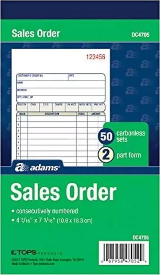 Adams Sales Order Books, 2-Part, Carbonless, White/Canary, 4-3/16 X 7-3/16 , 50