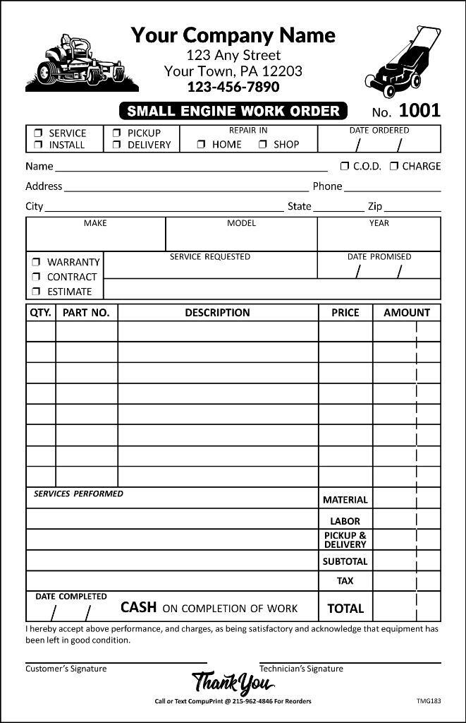 Custom Small Engine Repair Forms / 2 Part or 3 Part / 5.5 x 8.5 / TMG183