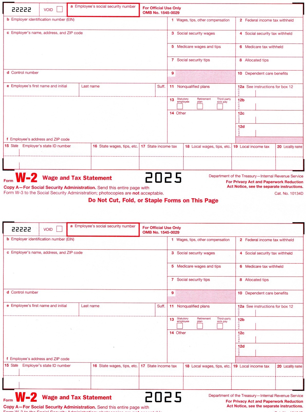 2025 IRS Tax Form W-2 -6 employees LASER and 1 W-3 — NO ENVELOPES