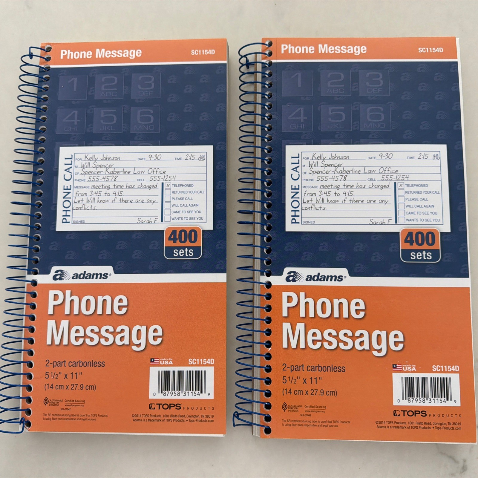 Adams Phone Message Book 2 Part Carbonless 2 Spiral Books 800 Sheets SC1154D