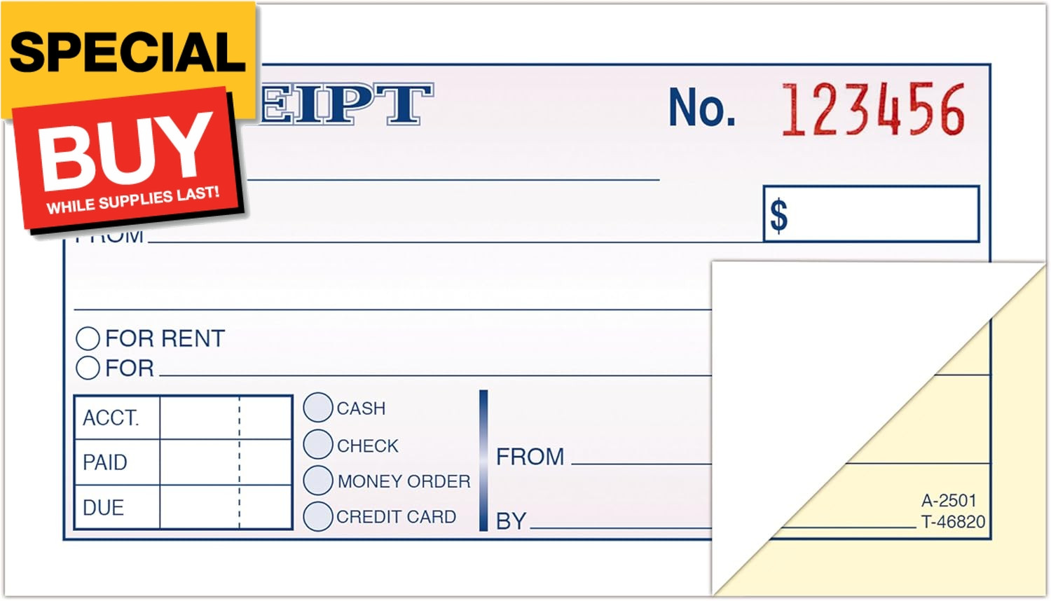 Money and Rent Receipt, 2-3/4 x 5-3/8 Inches, 2-Parts, Carbonless, White/Canary,