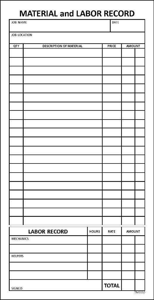Compact Material & Labor Record Pads / 4.25 x 8.25 / # 230 / TMG135