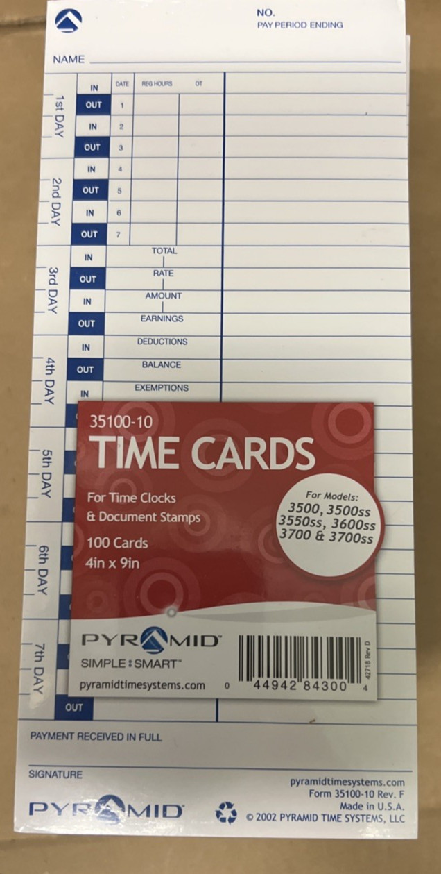 Brand New Pyramid Time Systems Pyramid Time Cards for 3500 3600SS 3700