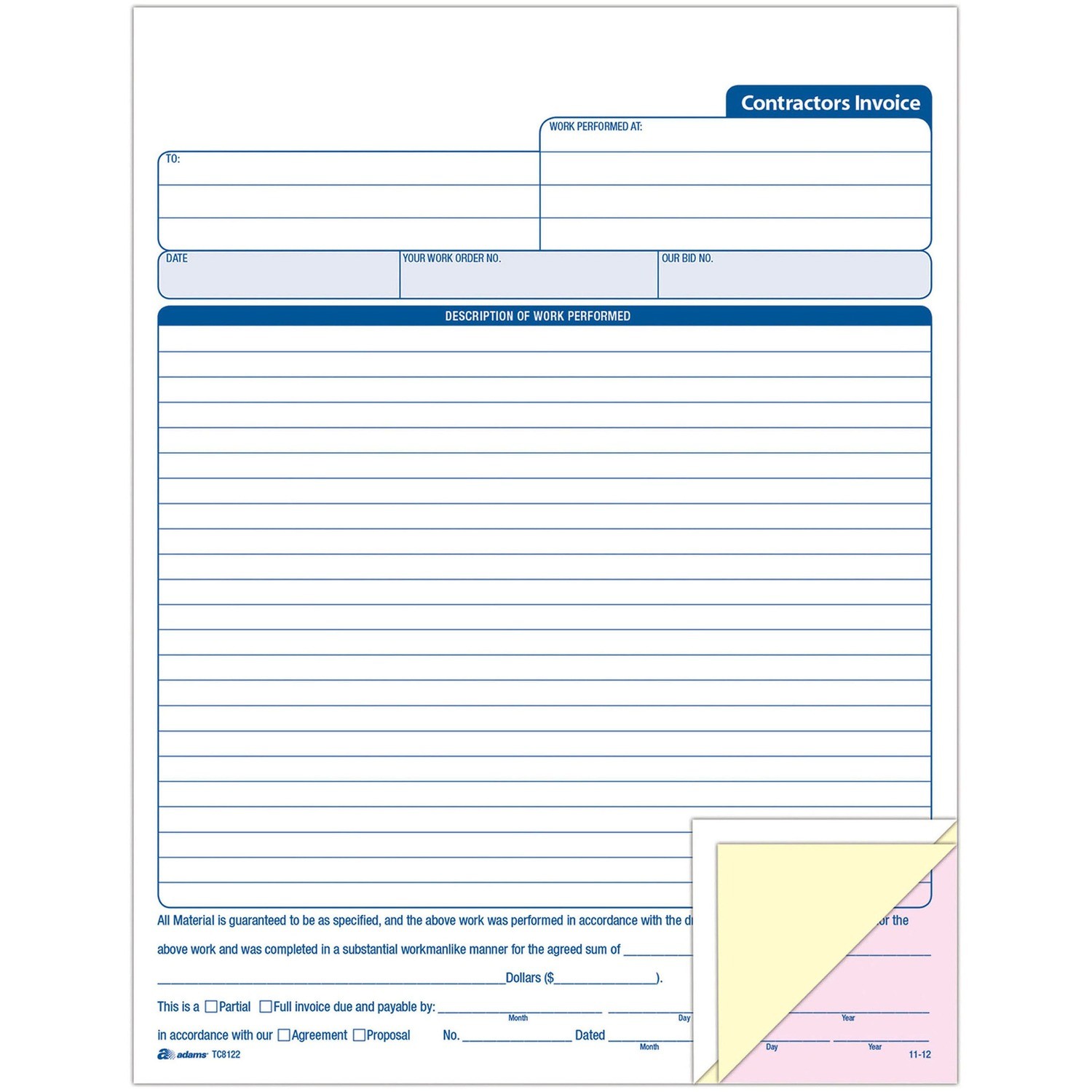 Adams TC8122 Contractor’s Invoice Book 50 Sheets Carbonless