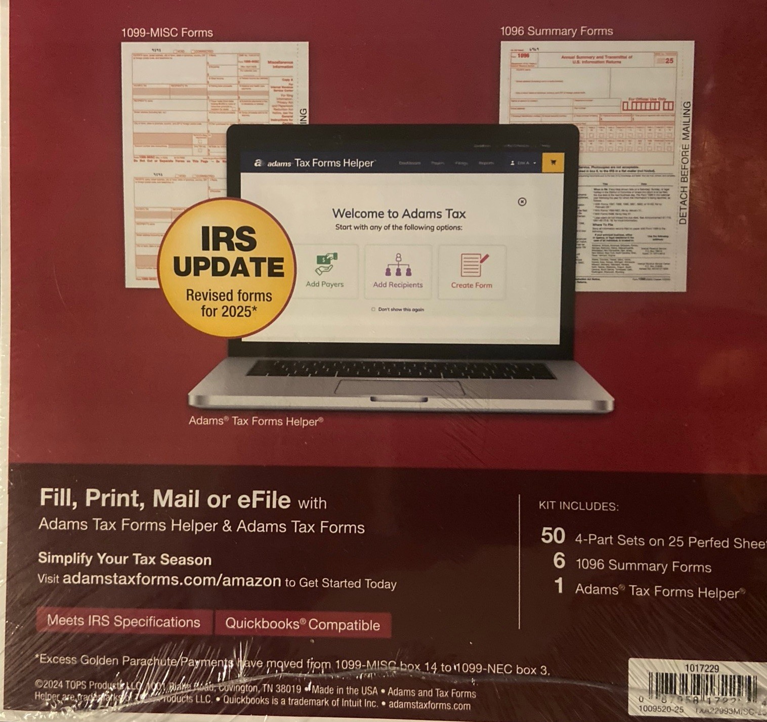 Adams 1099 MISC Forms 2025, 4 Part Kit for 50 Recipients, Includes 6 1096 Forms
