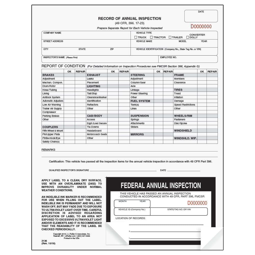 100-Pack Annual Inspection Forms with Labels, 2-Ply Carbonless, DOT Compliant