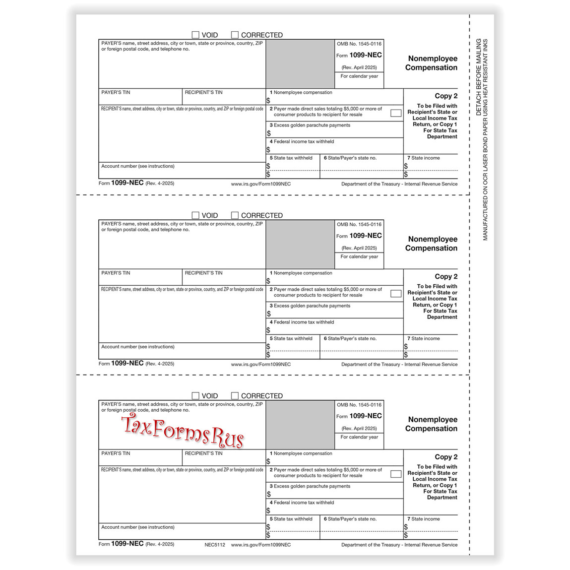 2025 IRS Tax Form 1099-NEC single sheet set LASER 3 recipients 4pt #N6103