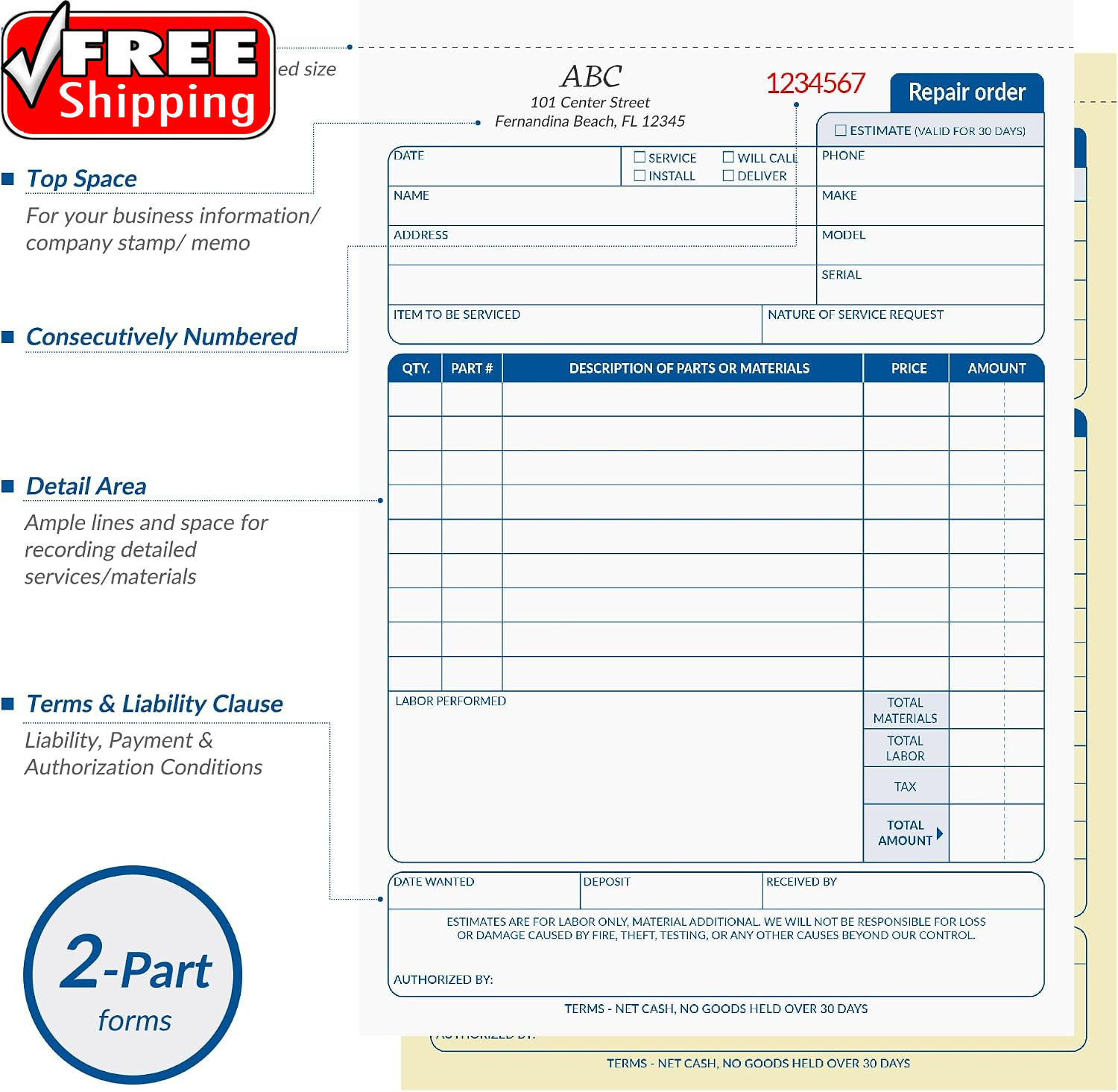 Repair Order Book, 2 Part Carbonless Job Work Order Forms – White/Yellow, 5-7/10
